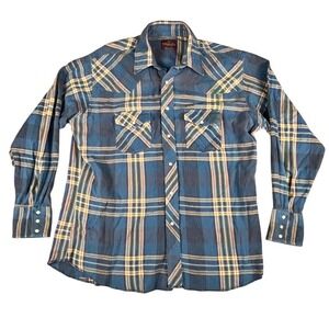 Wrangler Western Shirt Mens XL Blue Plaid Pearl Snap Long Sleeve 2 Pocket